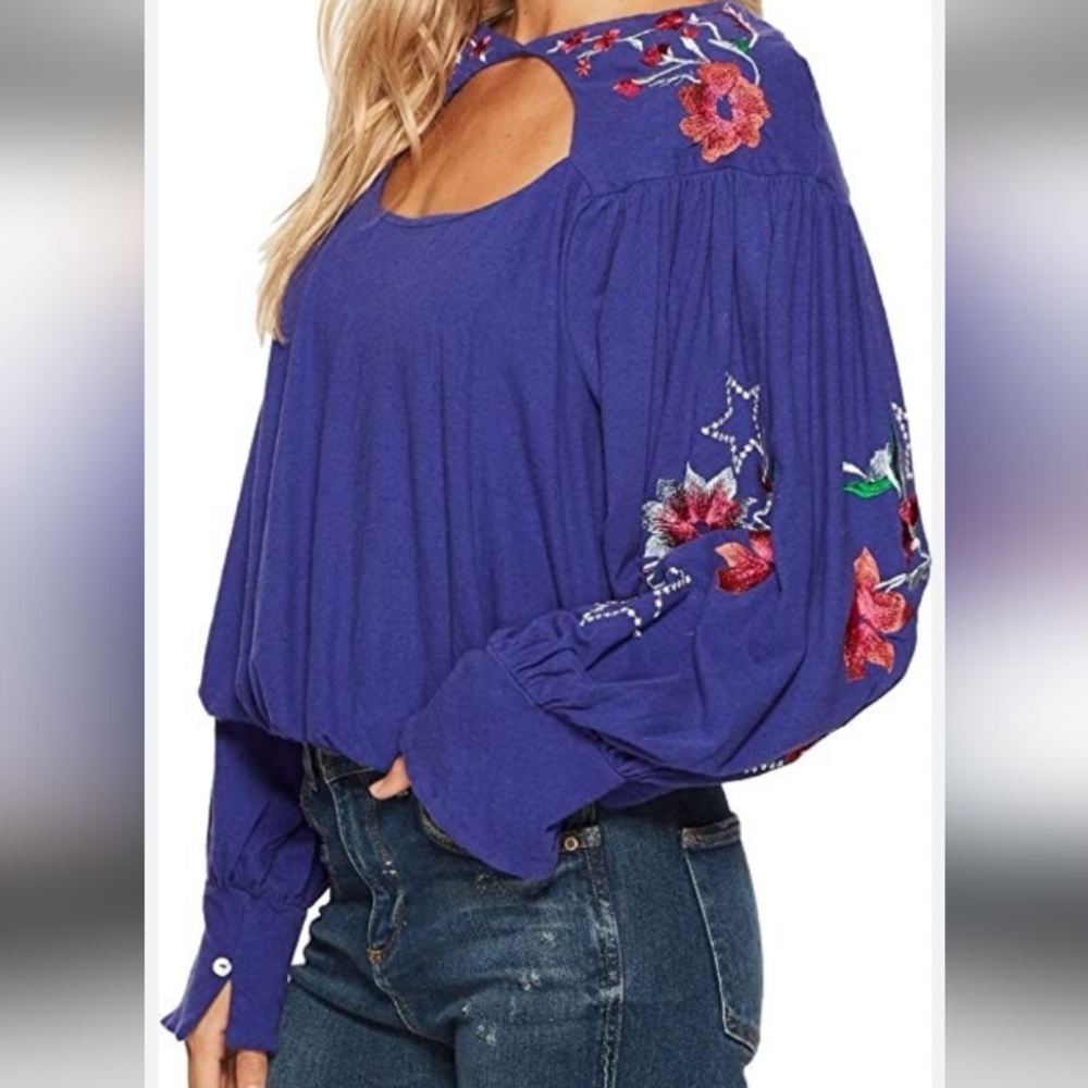 Free People Lita Floral Embroidered Top Bubble Hem Boho Festival